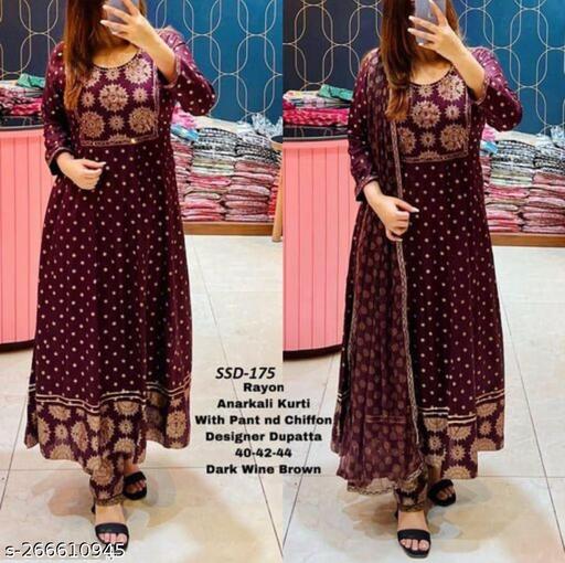 Navy Blue Printed Rayon Anarkali Kurta Set with Dupatta and Pants – Design 2