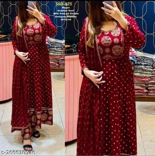Navy blue printed rayon Anarkali kurta set with dupatta and pants