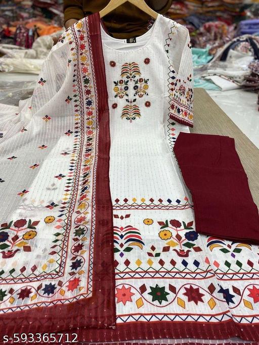 Maslin Sequin Kurta Set with Dupatta and Stretchable Pants