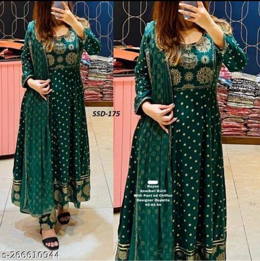 Navy blue printed rayon Anarkali kurta set with dupatta and pants