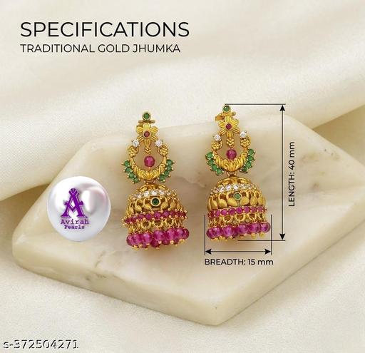 Gold-plated CZ pearl jhumka earrings with pink crystal beads, view 3
