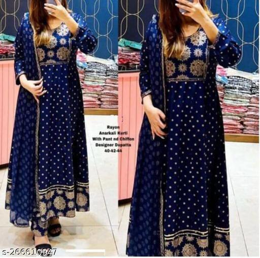 Navy blue printed rayon Anarkali kurta set with dupatta and pants