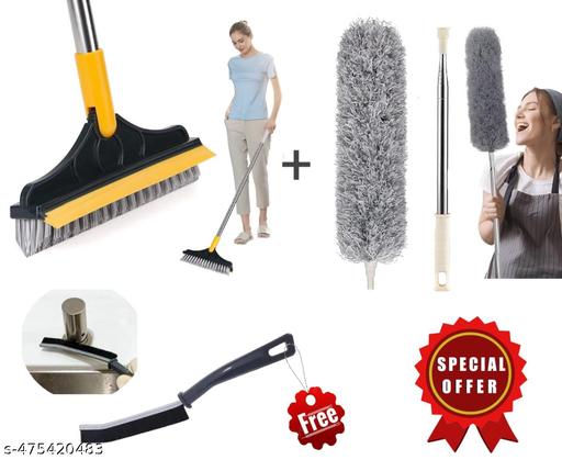 2-in-1 bathroom cleaning brush with wiper and ceiling duster set, view 1