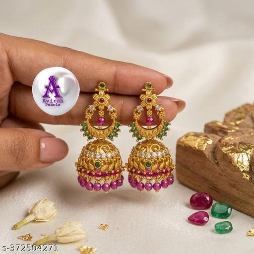 Gold-plated CZ pearl jhumka earrings with pink crystal beads, view 4