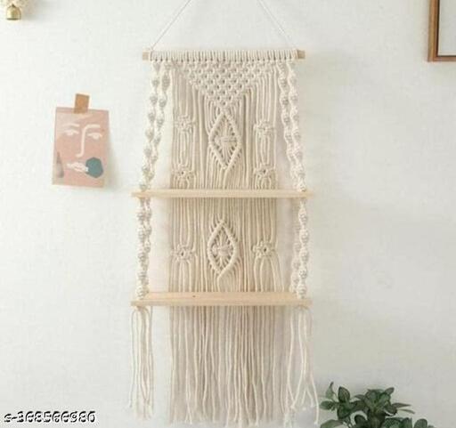 White macrame wooden hanging wall shelf, view 2