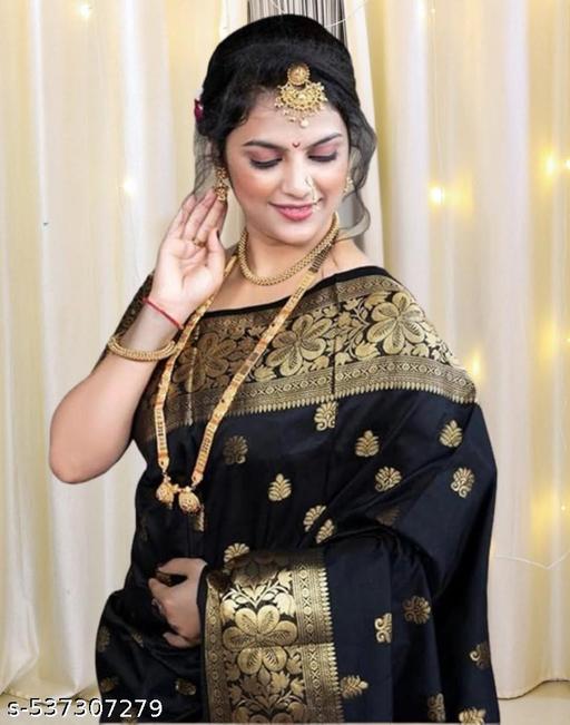 Women's Kanjivaram Soft Banarasi Silk Saree With Blouse Piece Black