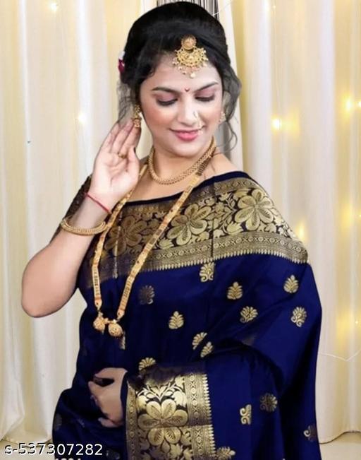 Women's Kanjivaram Soft Banarasi Silk Saree With Blouse Piece Navy Blue