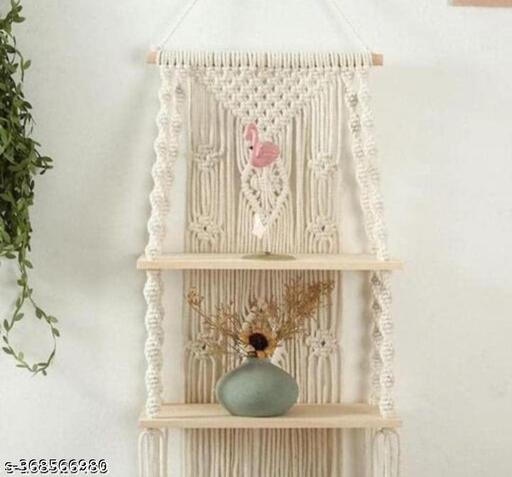 White macrame wooden hanging wall shelf, view 1