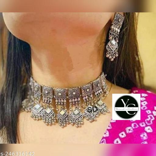 Oxidised Silver Kundan Choker Necklace and Earring Set for Women