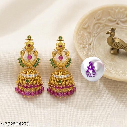 Gold-plated CZ pearl jhumka earrings with pink crystal beads, view 1